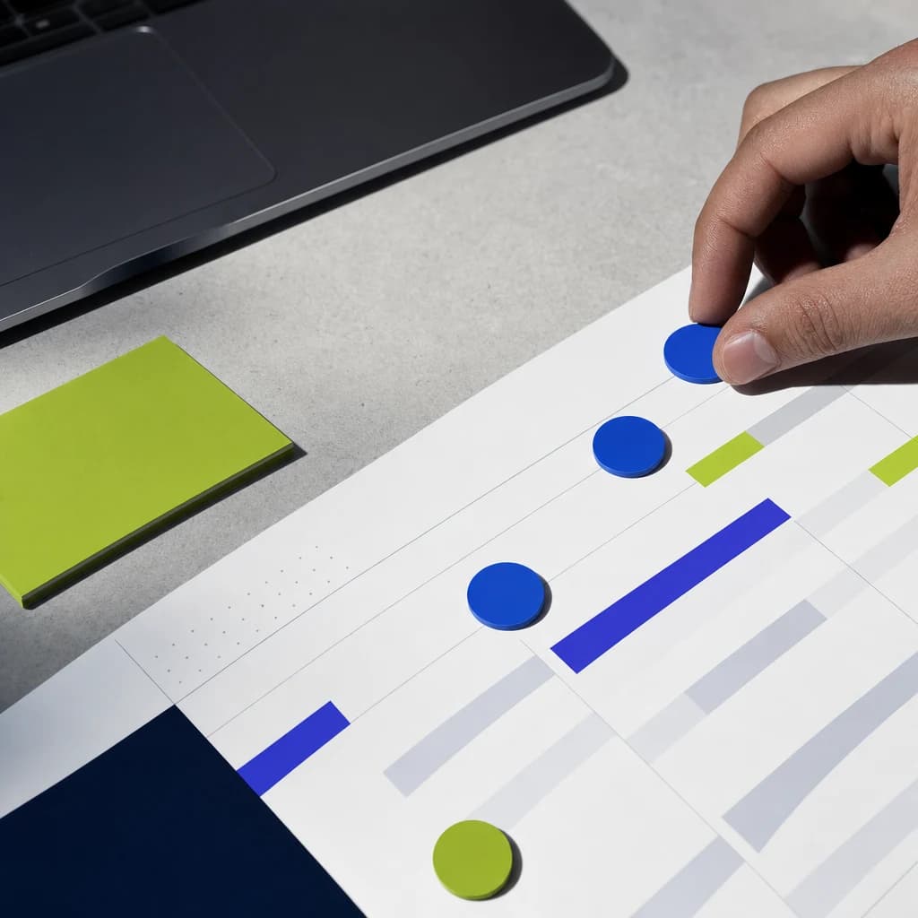 A project plan and small color tokens arranged on a clean desk